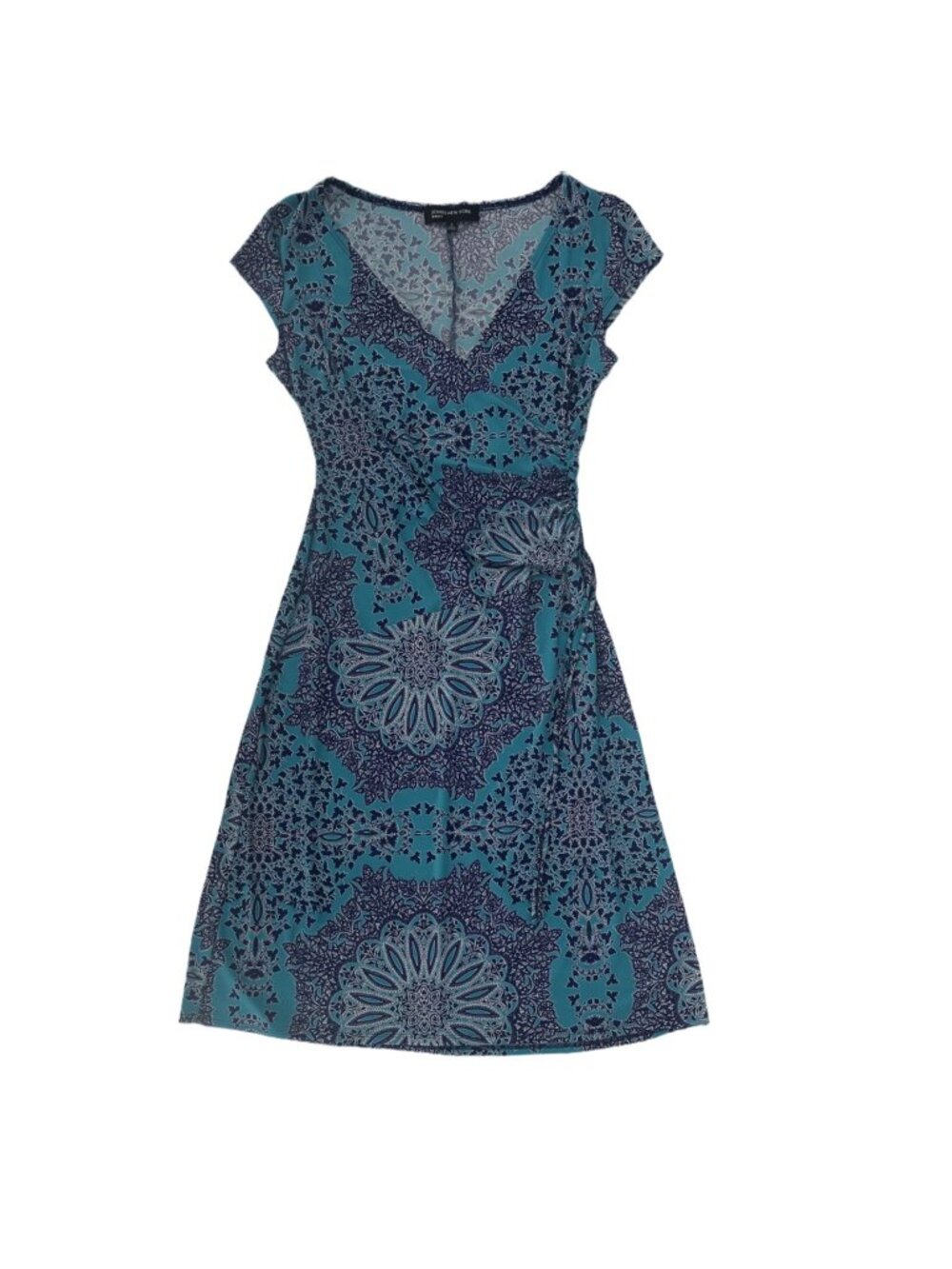 Jones New York Dress Women's 6 Teal Navy Mandala Print Faux Wrap Classic Office